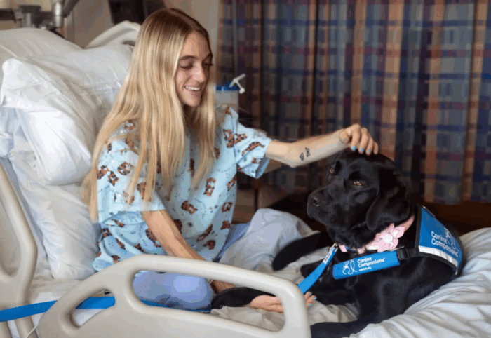 Kate Avnaim, 17, a patient at Rady Children’s Hospital in Mission Viejo, is greeted by the hospital’s resident dog, Haines, on Monday, Nov. 17, 2025. “Her eyes are so pretty. Seriously,” Avnaim said. (Photo by Mindy Schauer, Orange County Register/SCNG)

