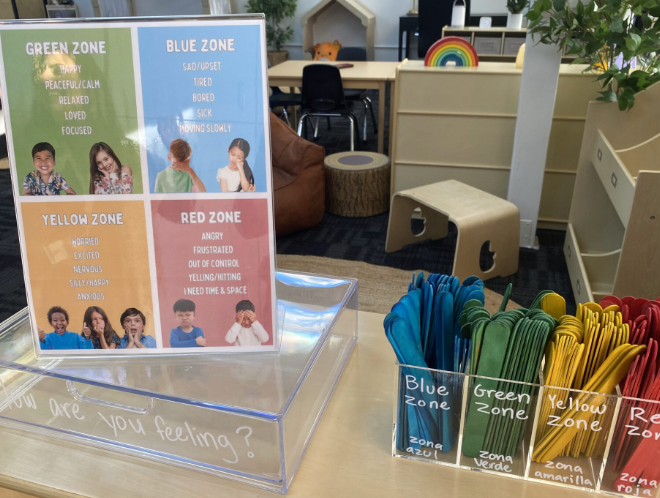 Arovista Elementary students are greeted by an interactive feelings activity when they walk into the new WellSpace on campus.
