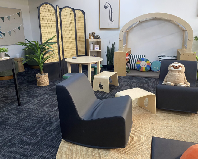 Arovista Elementary’s new WellSpace features areas for reading alongside peers and playing with stuffed animals.