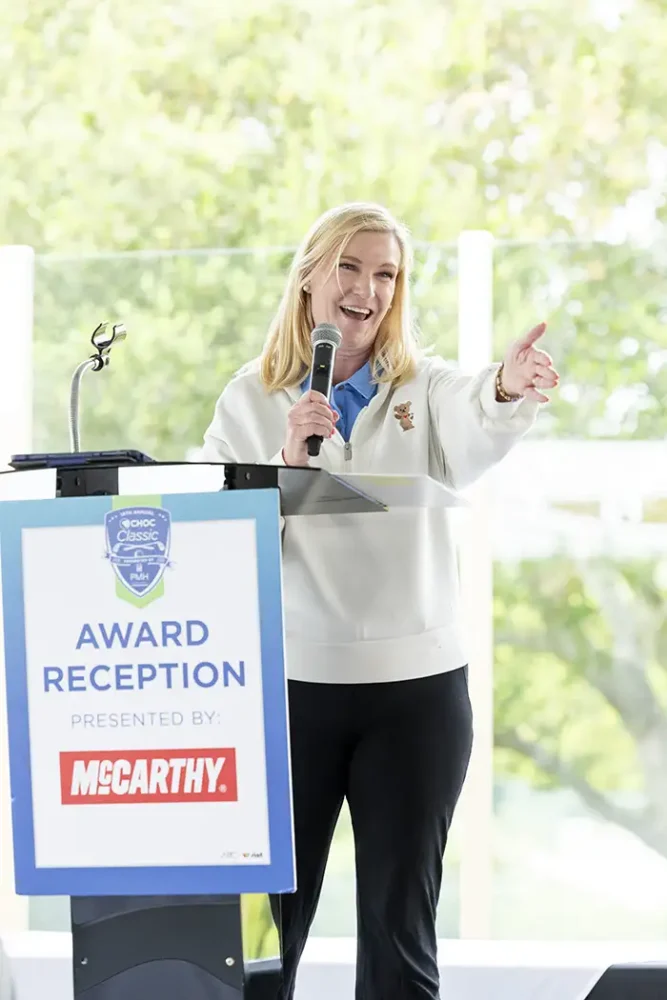 Jessica Miley, senior vice president and chief development officer of the CHOC Foundation, speaks to attendees at CHOC Classic 2026